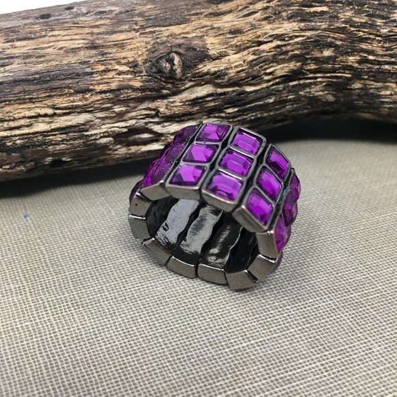 Expandable Purple Faceted Acrylic Tiny Square Pewter Tone Bar Wide Stretch Ring - Picture 6 of 16